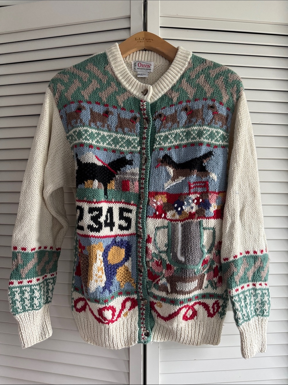Vintage Orvis Cream Multicolor Dog Motif Knit Cardigan